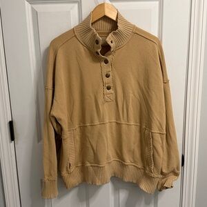 Aerie Tan Button-Neck Cozy Sweatshirt Pullover | Ribbed Trim Lounge Sweatshirt